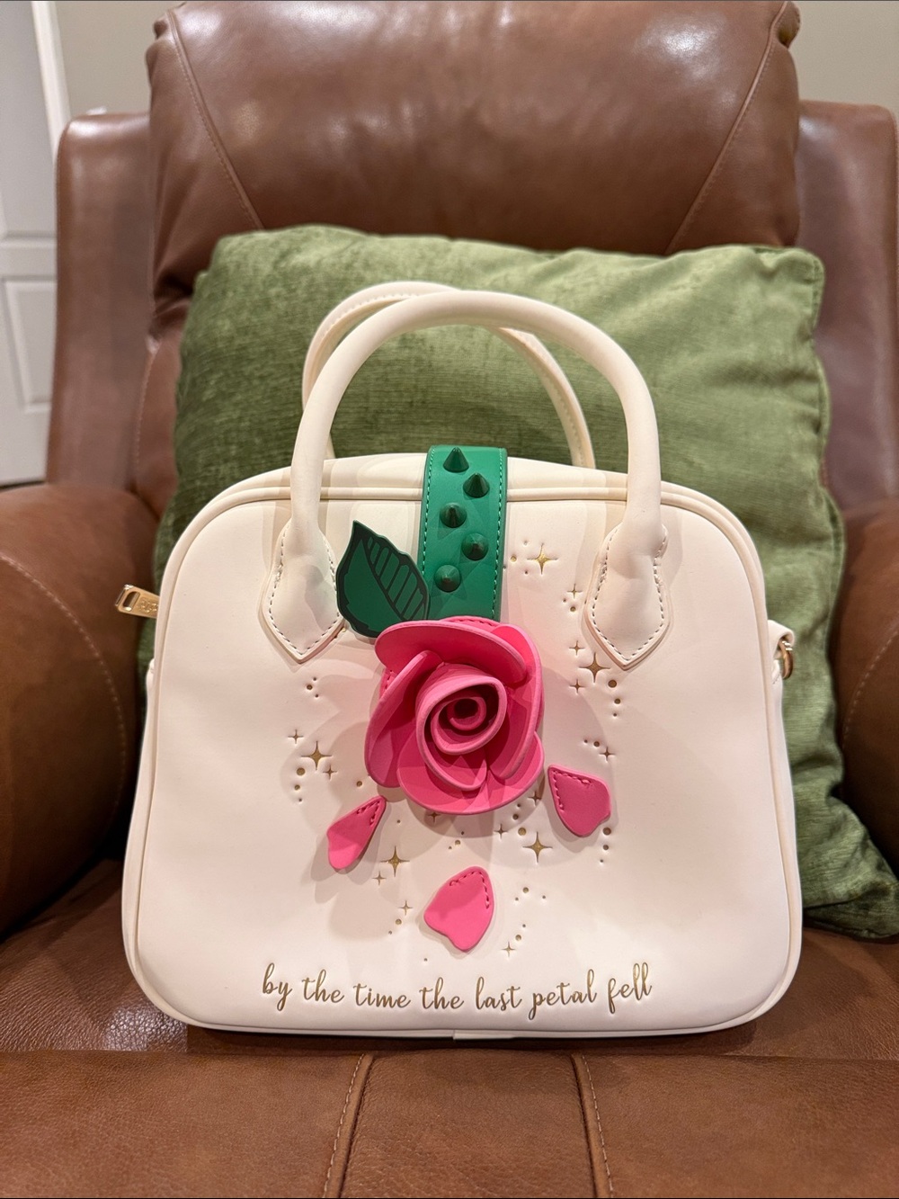 Loungefly Beauty & The Beast Cream Satchel with Pink Rose and Green Leaf Accent